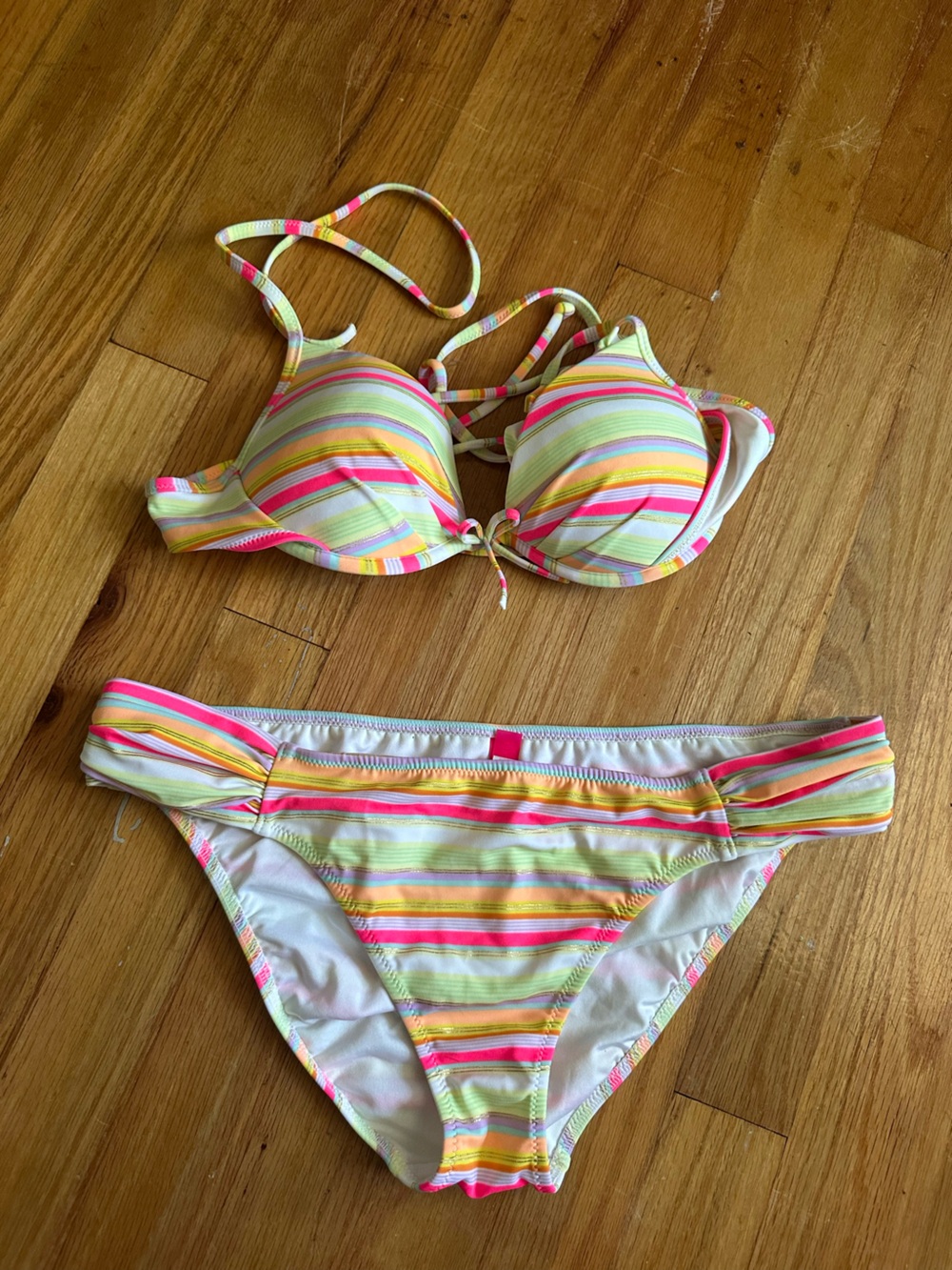 Victoria's Secret Neon Pink & Lime Striped Bikini Bottom